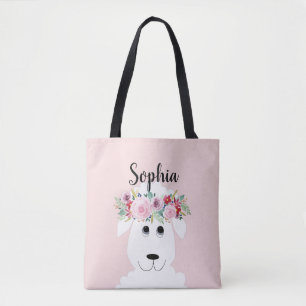Girls Farm Lamb Whimsical Watercolor Sheep & Name Tote Bag