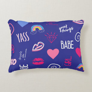 girls fashion seamless pattern with slogan. Hand d Accent Pillow