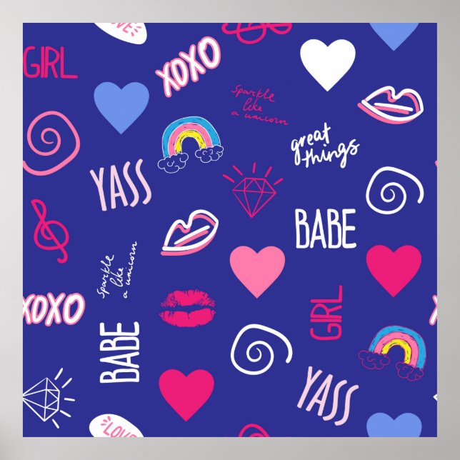 girls fashion seamless pattern with slogan. Hand d Poster (Front)