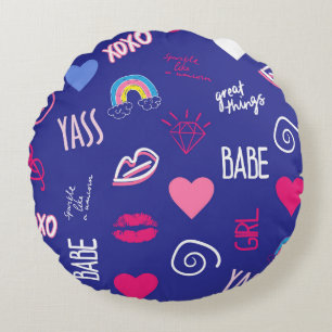 girls fashion seamless pattern with slogan. Hand d Round Pillow