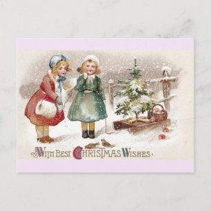 Girls Feeding Birds and Sled with Tree Vintage Postcard