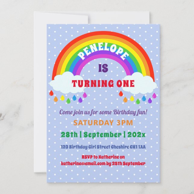 Girl's First Birthday Cute Rainbow Invitation (Front)