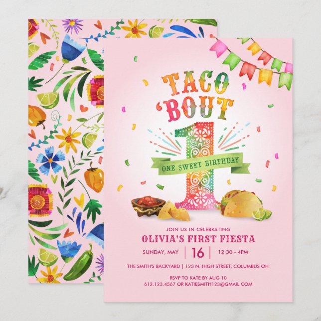 Girls First Birthday Invitation with Fiesta Theme (Front/Back)