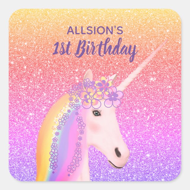 Girls First Birthday Unicorn Rainbow Personalized Square Sticker (Front)