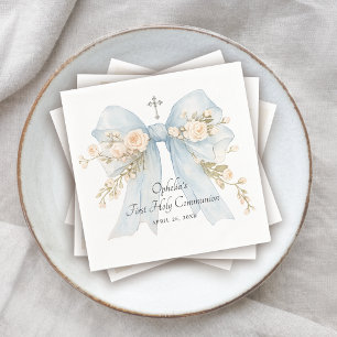 Girl's First Communion Dusty Blue Floral Bow Napkin