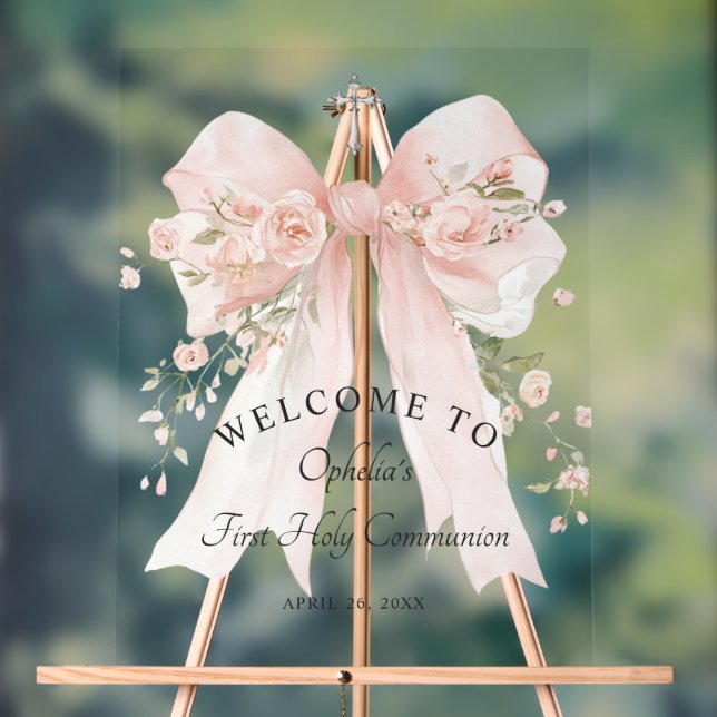 Girl's First Communion Floral Pink Bow Acrylic Sign (Neutral)