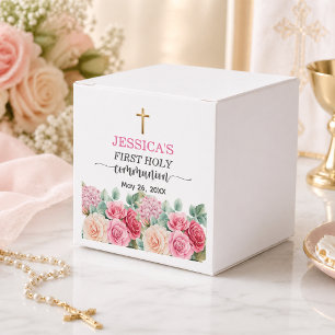 Girl's First Communion Gold Cross Roses Floral  Favor Box