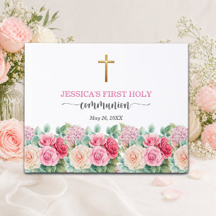 Girl's First Communion Gold Cross Roses Floral  Guest Book
