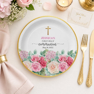 Girl's First Communion Gold Cross Roses Floral  Paper Plate