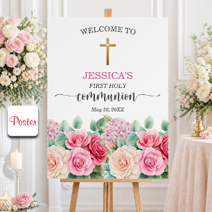 Girl's First Communion Gold Cross Roses Floral Poster