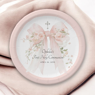 Girl's First Communion Pink Bow Floral Paper Plate