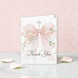 Girl's First Communion Pink Floral Bow Thank You Card