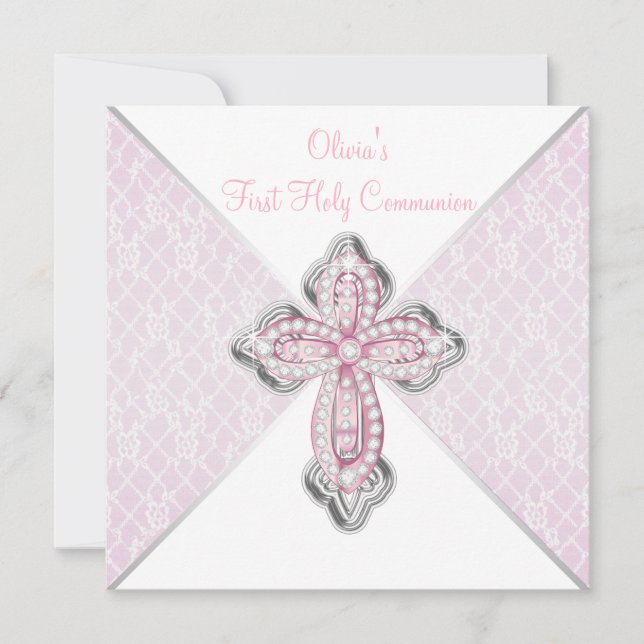 Girls First Communion Pink Lace Cross Invitation (Front)