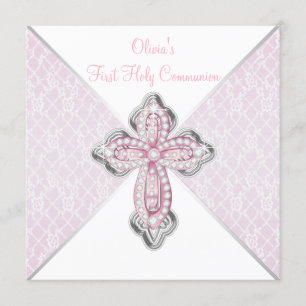 Girls First Communion Pink Lace Cross Invitation