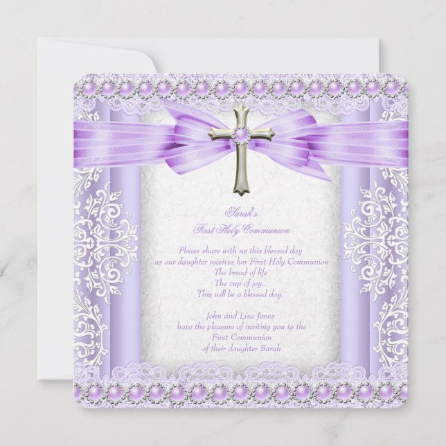Girls First Holy Communion Cross Pretty Lavender 2 Invitation (Front)