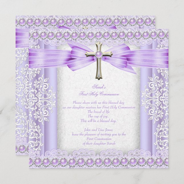 Girls First Holy Communion Cross Pretty Lavender 2 Invitation (Front/Back)