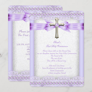 Girls First Holy Communion Cross Pretty Lavender Invitation