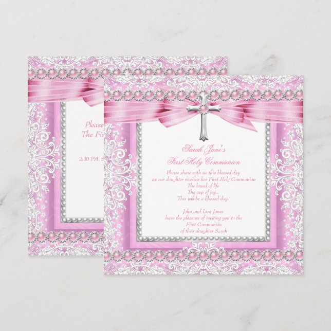Girls First Holy Communion Cross Pretty Pink Pearl Invitation (Front/Back)