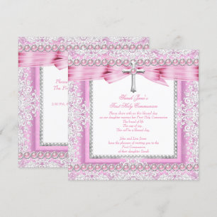 Girls First Holy Communion Cross Pretty Pink Pearl Invitation