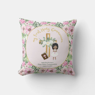 Girls First Holy Communion Floral Cross Caricature Throw Pillow