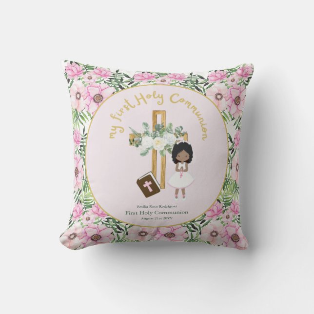 Girls First Holy Communion Floral Cross Caricature Throw Pillow (Front)