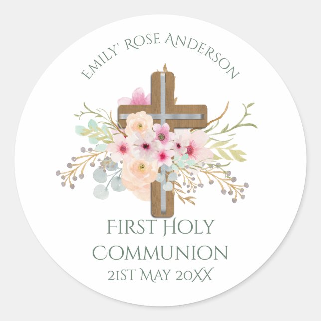 Girls First Holy Communion Floral Cross Customized Classic Round Sticker (Front)