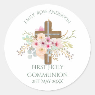Girls First Holy Communion Floral Cross Customized Classic Round Sticker