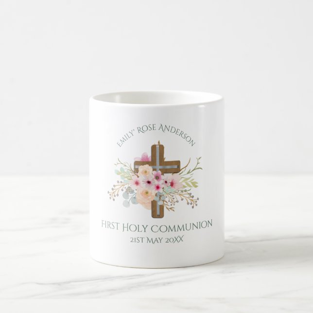 Girls First Holy Communion Floral Cross Customized Coffee Mug (Center)