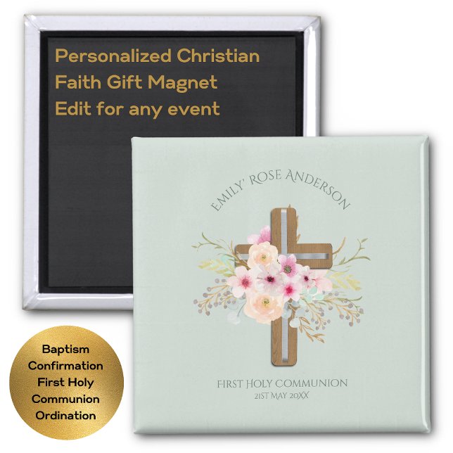 Girls First Holy Communion Floral Cross Customized Magnet (Creator Uploaded)