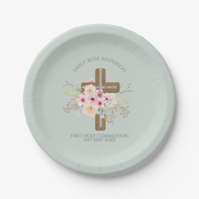 Girls First Holy Communion Floral Cross Customized Paper Plate (Front)