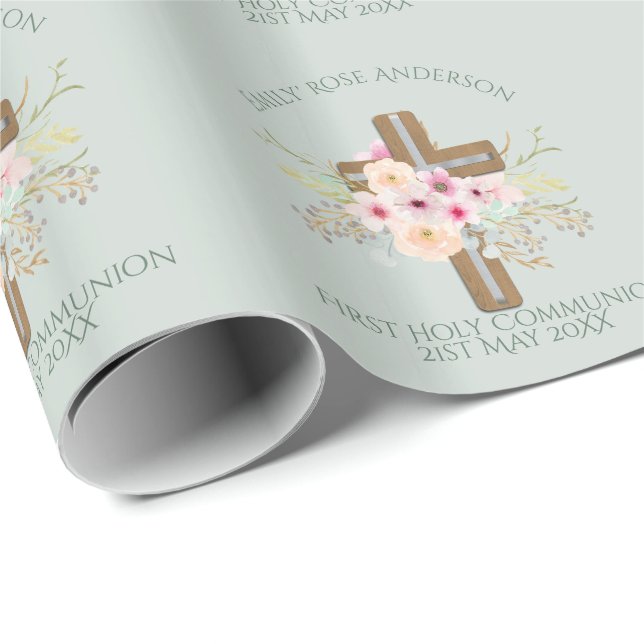 Girls First Holy Communion Floral Cross Customized Wrapping Paper (Roll Corner)