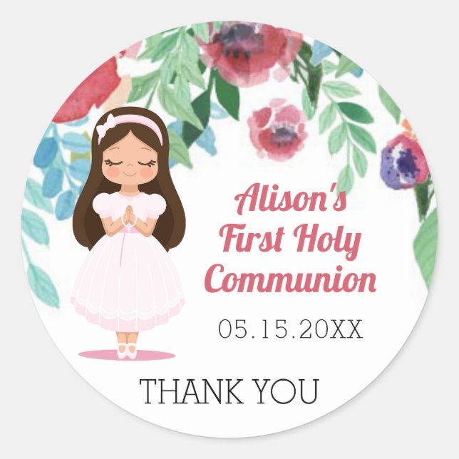 Girls First Holy Communion Flowers Classic Round Sticker (Front)