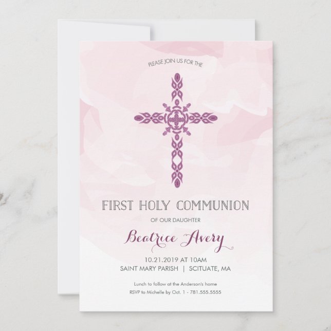 Girl's First Holy Communion Invitation, Watercolor Invitation (Front)