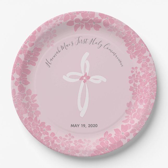 Girl's First Holy Communion Paper Plate, Floral Plate (Front)