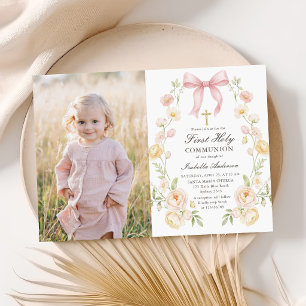 Girl's First Holy Communion Pink Floral Bow Photo Invitation