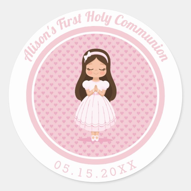 Girls First Holy Communion Pink Hearts Classic Round Sticker (Front)