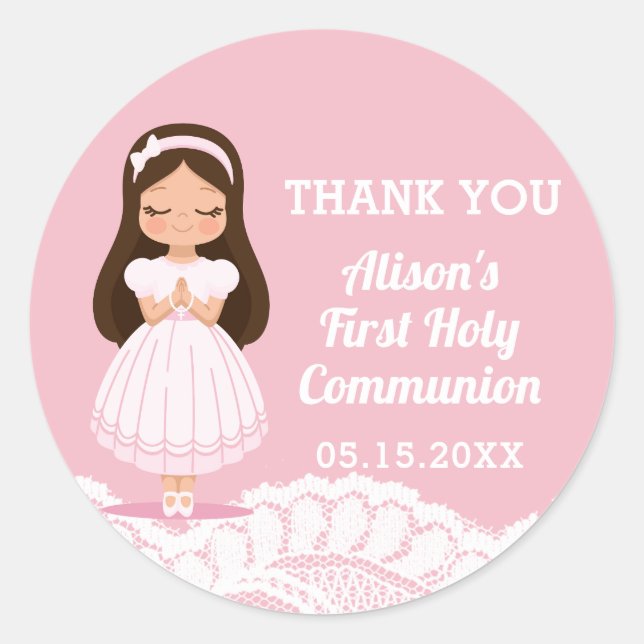 Girls First Holy Communion Pink Lace Classic Round Sticker (Front)