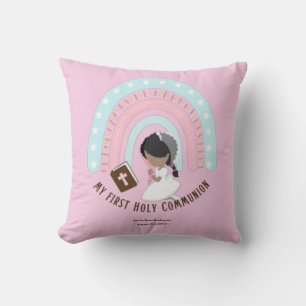Girls First Holy Communion Rainbow Caricature Throw Pillow