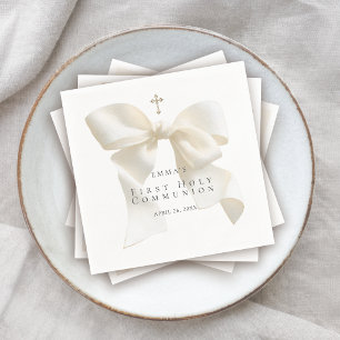 Girl's First Holy Communion Stylish Ivory Bow Napkin
