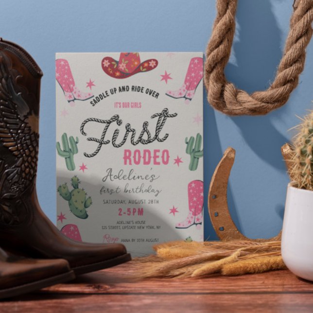 Girl's First Rodeo Birthday Cowgirl Cute Pink Invitation (Girl 1st Rodeo Cowgirl Party Invitations Printable Digital Template First Rodeo party inivtations)