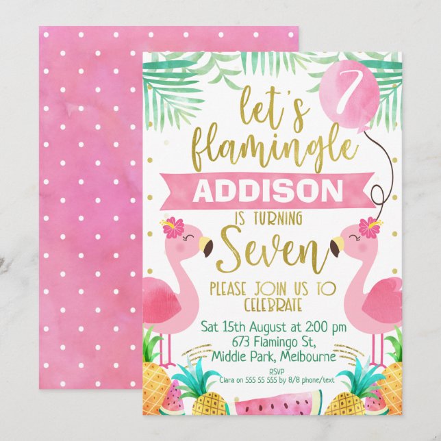 Girls flamingo balloons seventh birthday invitation (Front/Back)