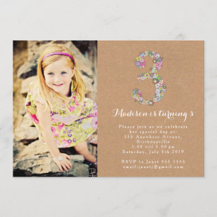 Girls Floral 3rd Birthday Party Invitation