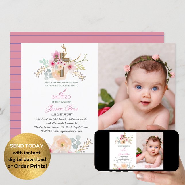 Girls Floral BAUTIZO Bautismo Pink Catholic Cross Invitation (Creator Uploaded)