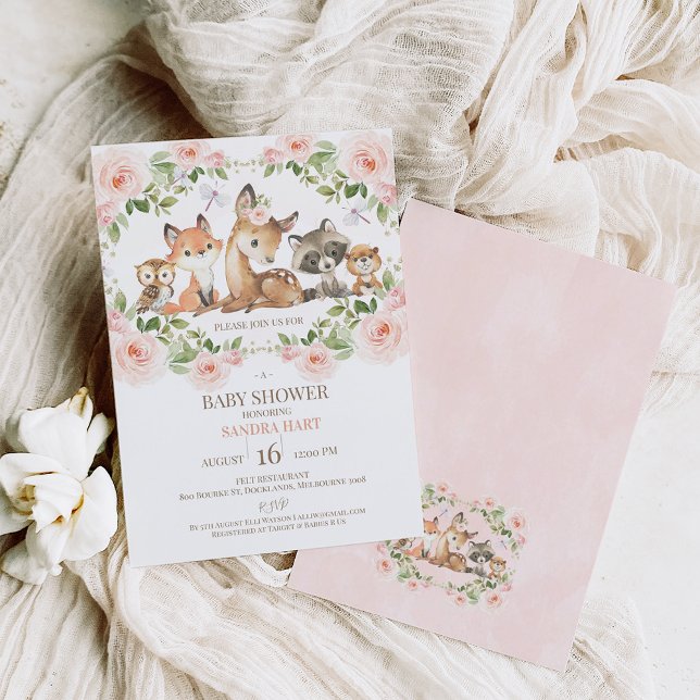 Girls Floral Frame Woodland Baby Shower Invitation (Creator Uploaded)