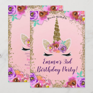 Girls Floral & Gold Glitter Unicorn Birthday Party Invitation