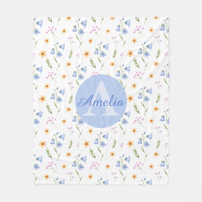 Girls Floral Pattern Monogram Name Kids Blanket (Front)