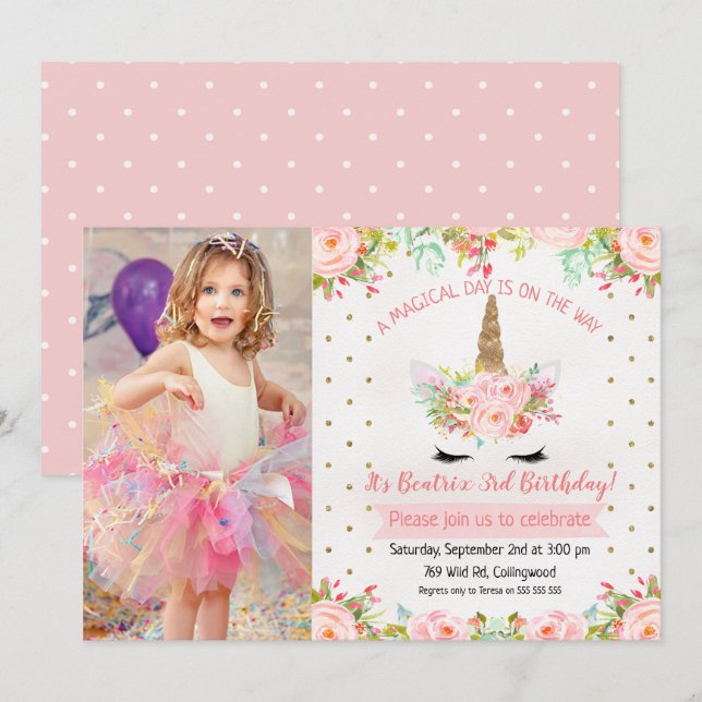 Girls Floral Unicorn Birthday Invitation (Front/Back)