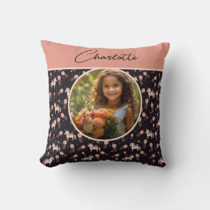 Girls Floral Unicorn Custom Photo with Name Throw Pillow