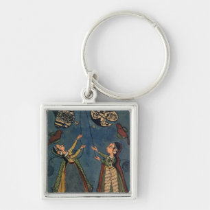 Girls flying kites, Kulu folk painting, Himachal P Keychain