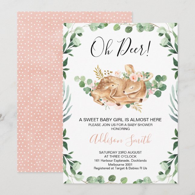 Girls Foliage Greenery Floral Deer Baby Shower Invitation (Front/Back)